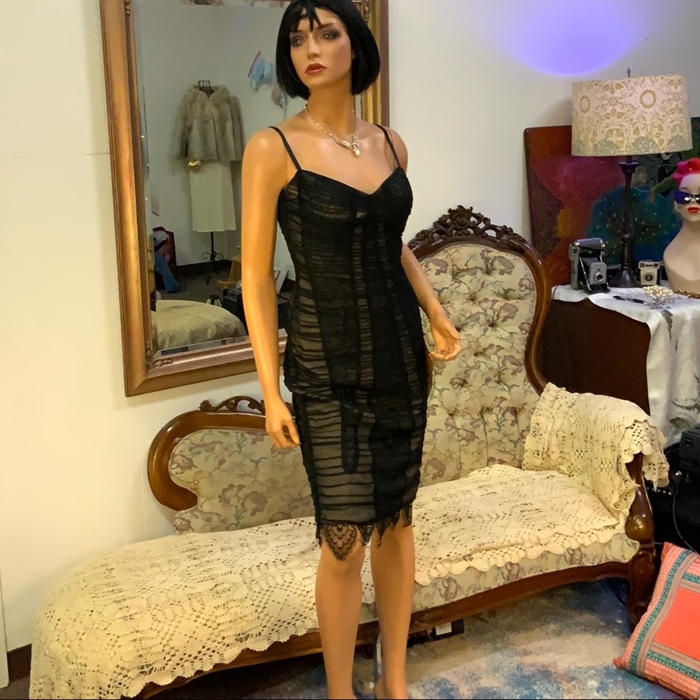 ALBERTO MAKALI VIN BLACK SILK LACED RUCHED DRESS 6